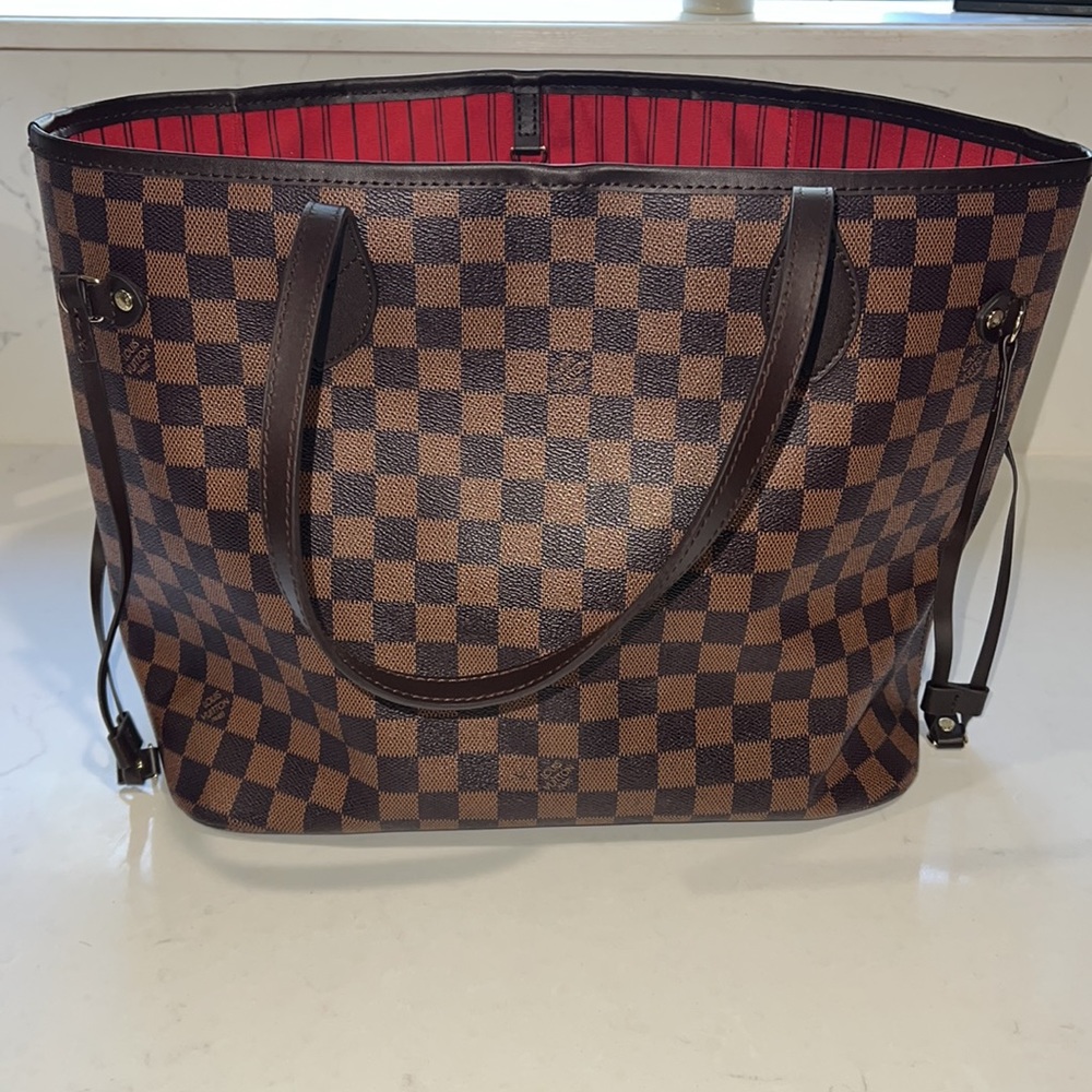 Brown Checkered Print Tote with Pouch